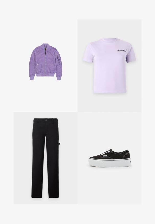 Veste bomber violet lavande avec fermeture éclair frontale, deux poches à bouton-pression, poignets et ourlet côtelés, et poche à fermeture éclair sur la manche avec étiquette "Remove Before Flight".; T-shirt en coton lavande avec des manches courtes et un col rond. Présente un logo noir "DICKIES" sur la poitrine. Texture lisse.; Pantalons noirs en tissu à texture lisse, conçus avec des jambes droites, une fermeture à bouton et une poche latérale.; Baskets en toile noires avec une semelle en caoutchouc blanc, dotées de lacets et de coutures blanches, marquage emblématique sur le côté, design basse.