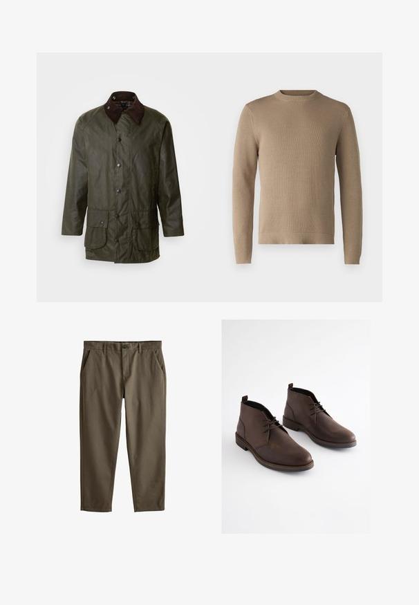Barbour BEAUFORT - Kurzmantel - archive olive; Beige Strickpullover mit Rundhalsausschnitt, gerippten Bündchen und Saum sowie strukturiertem Material, in einfarbiger Ausführung ohne Muster oder Akzente.; Khaki-Chinos aus glattem Baumwollstoff, mit frontalen Taschen, Reißverschluss und Knopfverschluss. Gerader Schnitt mit schmalen Knöcheln.; Braune Leder-Stiefeletten mit glatter Oberfläche, runden Zehen, minimalen Nähten und Schnürdesign; mit kontrastierender dunkler Sohle und Zuglaschen.