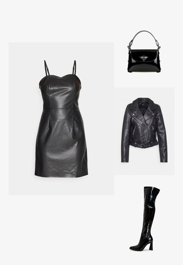 Sort læder bikerjakke med slagkrave, asymmetriske frontlynlåse og bælte i taljen. Har sølv hardware og struktureret overflade.; ONLY ONLDINA FAUX LEATHER DRESS - Cocktailkjole / festkjole - black; Sorte laklæderstøvler, der går til låret, med spids snude, firkantet blokhæl og glat, blank tekstur. Ingen synligt hardware.; Sort laklæderhåndtaske med en øverste hank og en sølvbi-pynt på frontklappen.