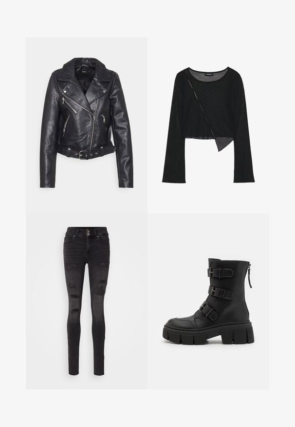 Schwarze Lederbikerjacke mit einem Reverskragen, asymmetrischen Frontreißverschlüssen und taillierter Taille. Besitzt silberne Beschläge und eine strukturierte Oberfläche.; Schwarzes langärmliges Crop-Top aus leichtem, durchsichtigem Stoff. Mit Rundhalsausschnitt und asymmetrischem Saum mit leichter Textur.; Schwarze, enge Jeans aus Denim mit einem distressed Design, das mehrere Risse und eine enganliegende Silhouette aufweist. Doppelknopfverschluss an der Taille.; Even&Odd by Zalando Cowboy-/Bikerstiefelette - black