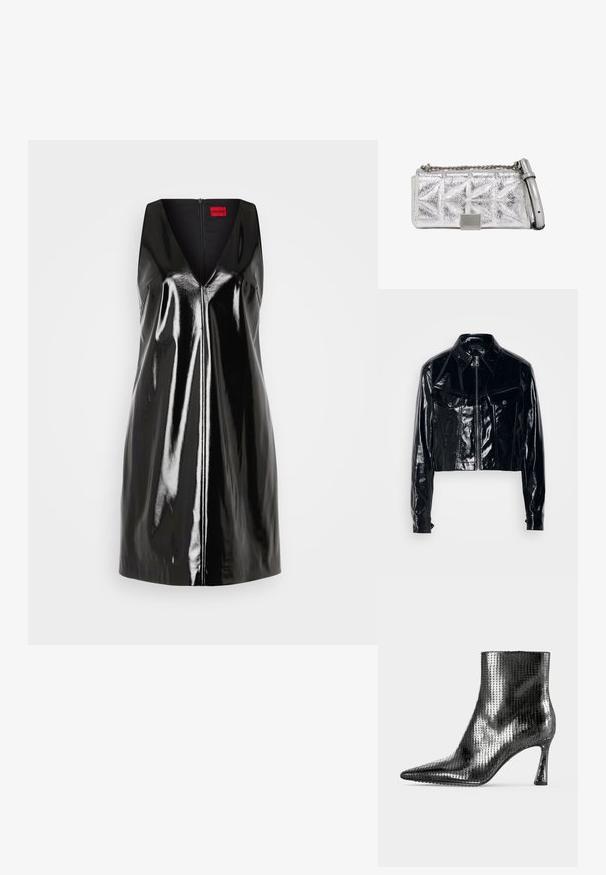 Schwarze, kurz geschnittene Jacke aus glänzendem Lackleder. Verfügt über einen Reißverschluss, einen spitzen Kragen, zwei frontale Taschen und Knopfdetails.; Schwarzes, ärmelloses Kleid mit V-Ausschnitt und glänzend-reflektierender Oberfläche; verfügt über einen zentralen Reißverschluss und ein minimalistisches Design.; Schwarzer Stiefelette mit spitzer Zehe, dünnem mittelhohem Absatz und glänzender, strukturierter Oberfläche, die Pailletten ähnelt.; Silberne metallische Handtasche mit gep quilteter Textur, Kettenriemen und rechteckigem Verschluss. Kompakte Form mit glänzender Oberfläche und dezentem Muster.