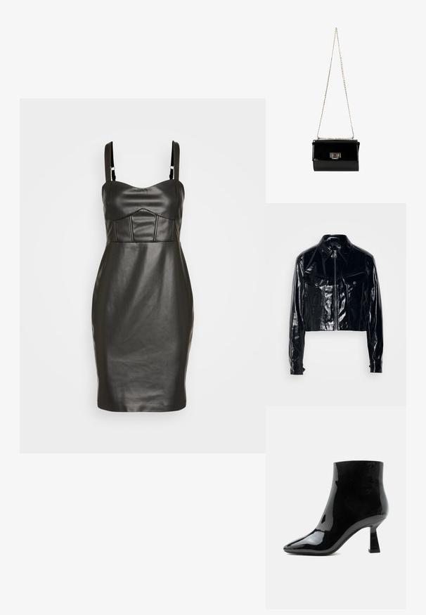 Μαύρο cropped σακάκι από γυαλιστερή πατενταρισμένη δερμάτινη ύλη. Διαθέτει φερμουάρ, μυτερό γιακά, δύο μπροστινές τσέπες και κουμπιά.; Μαύρο φόρεμα από τεχνητό δέρμα με εφαρμοστή σιλουέτα, λεπτές τιράντες και δομημένο, επενδεδυμένο μπούστο με κάθετες ραφές. Λείος υφασμάτινος καμβάς.; Μαύρο γυαλιστερό δερμάτινο μποτάκι με μυτερή μύτη και φαρδύ μεσαίου ύψους τακούνι σε λευκό φόντο.; Μαύρη λουστρινένια τσάντα χειρός με χρυσή αλυσίδα, ορθογώνιο σχήμα, που διαθέτει κλείσιμο με καπάκι μπροστά και μεταλλικό λογότυπο.