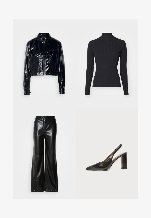 Schwarze, kurz geschnittene Jacke aus glänzendem Lackleder. Verfügt über einen Reißverschluss, einen spitzen Kragen, zwei frontale Taschen und Knopfdetails.; Schwarzes, geripptes Rollkragenoberteil mit langen Ärmeln. Aus dehnbarem Stoff mit figurbetonter Passform und hohem Kragen. Einfaches Design ohne Verzierungen.; Schwarze Lederweite-Hosen mit glatter Textur, hohem Bund und verdecktem Reißverschluss an der Vorderseite. Maßgeschneiderte Passform mit sauberem Finish.; Schwarzer Leder-Slingback-Schuh mit spitzer Kappe, hohem Blockabsatz und beigegefüttertem Innenraum vor hellem, einfarbigem Hintergrund.