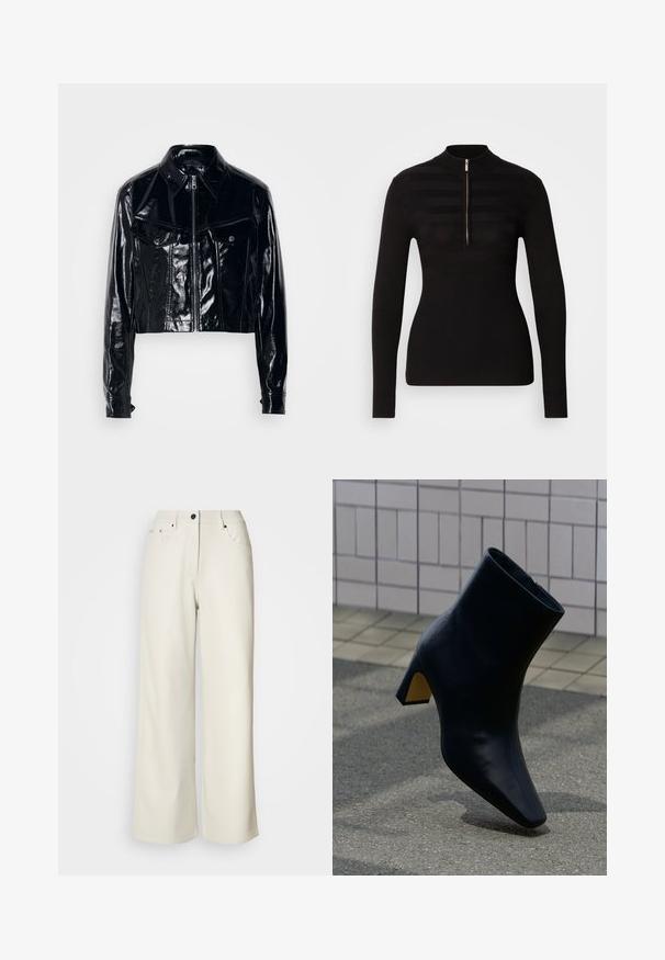 Schwarze, kurz geschnittene Jacke aus glänzendem Lackleder. Verfügt über einen Reißverschluss, einen spitzen Kragen, zwei frontale Taschen und Knopfdetails.; Schwarzer Langarm-Polo-Pullover mit halbem Reißverschluss, ausgestattet mit horizontalen Streifenmustern und geripptem Textil an den Bündchen und dem Saum.; Cremefarbene weit geschnittene Hose aus glattem Stoff. Sie hat eine mittlere Leibhöhe, einen Reißverschluss und zwei vordere Taschen mit schwarzen Hardware-Elementen.; Schwarzer Lederknöchelstiefel mit Blockabsatz, der auf grauem Pflaster vor einer hell gekachelten Wand steht.