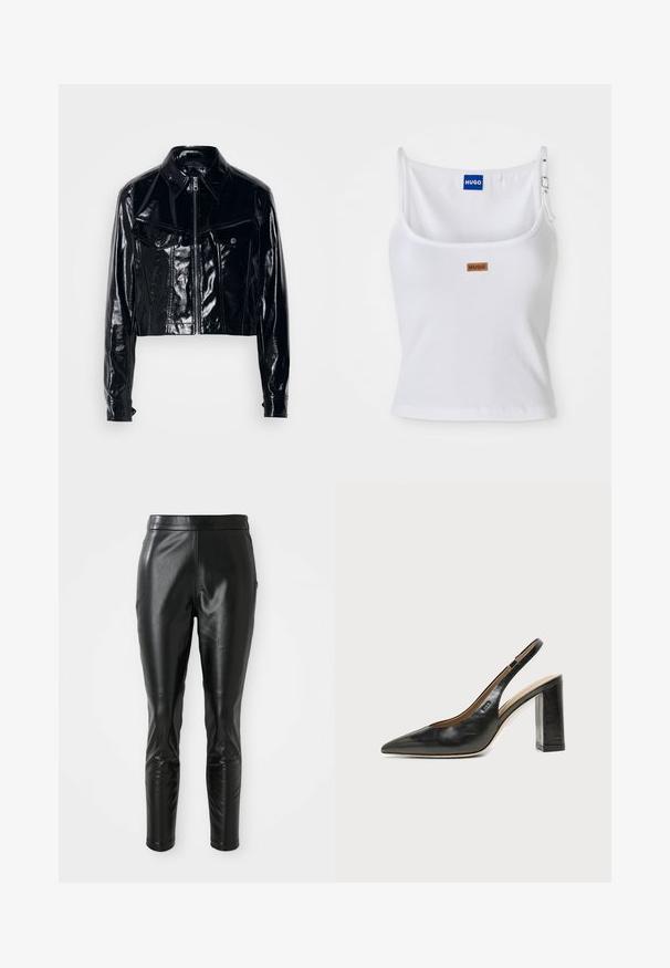 Schwarze, kurz geschnittene Jacke aus glänzendem Lackleder. Verfügt über einen Reißverschluss, einen spitzen Kragen, zwei frontale Taschen und Knopfdetails.; Weißes, geripptes Tanktop mit verstellbaren Trägern, ausgestattet mit einem blauen Logolabel und einem kleinen braunen Etikett, gefertigt aus weichem, dehnbarem Material.; Schwarze Lederhosen mit schmaler Passform, die über eine glatte Textur und einen hohen Bund verfügen. Die Details umfassen Knieakzente für ein zusätzliches Design.; Schwarzer Leder-Slingback-Schuh mit spitzer Kappe, hohem Blockabsatz und beigegefüttertem Innenraum vor hellem, einfarbigem Hintergrund.