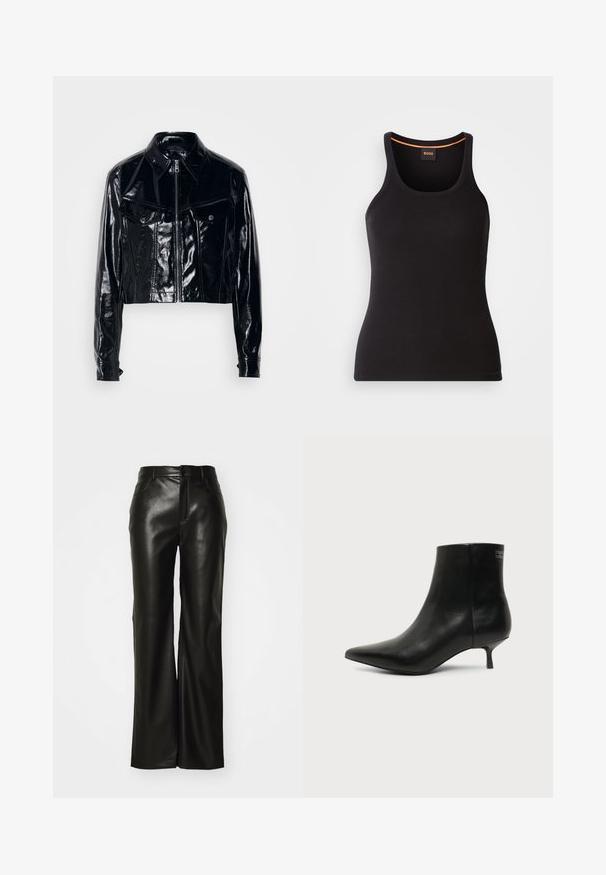 Μαύρο cropped σακάκι από γυαλιστερή πατενταρισμένη δερμάτινη ύλη. Διαθέτει φερμουάρ, μυτερό γιακά, δύο μπροστινές τσέπες και κουμπιά.; Μαύρο ριμπ φανελάκι με στρογγυλή λαιμόκοψη. Διαθέτει εφαρμοστή γραμμή και πορτοκαλί λεπτομέρεια στη λαιμόκοψη. Λογότυπο της μάρκας διακριτικά κεντημένο στο μπροστινό μέρος.; Μαύροι άνετοι παντελόνια από ψεύτικο δέρμα με ευρεία γραμμή, λεία υφή, μπροστινό φερμουάρ και θηλιές για ζώνη· μινιμαλιστικός σχεδιασμός χωρίς ορατά σχέδια ή διακοσμητικά στοιχεία.; Μαύρο δερμάτινο μποτάκι γύρω από τον αστράγαλο με μυτερή μύτη και χαμηλό τακούνι σε ανοιχτό φόντο, εμφανίζει την εξωτερική πλευρά.