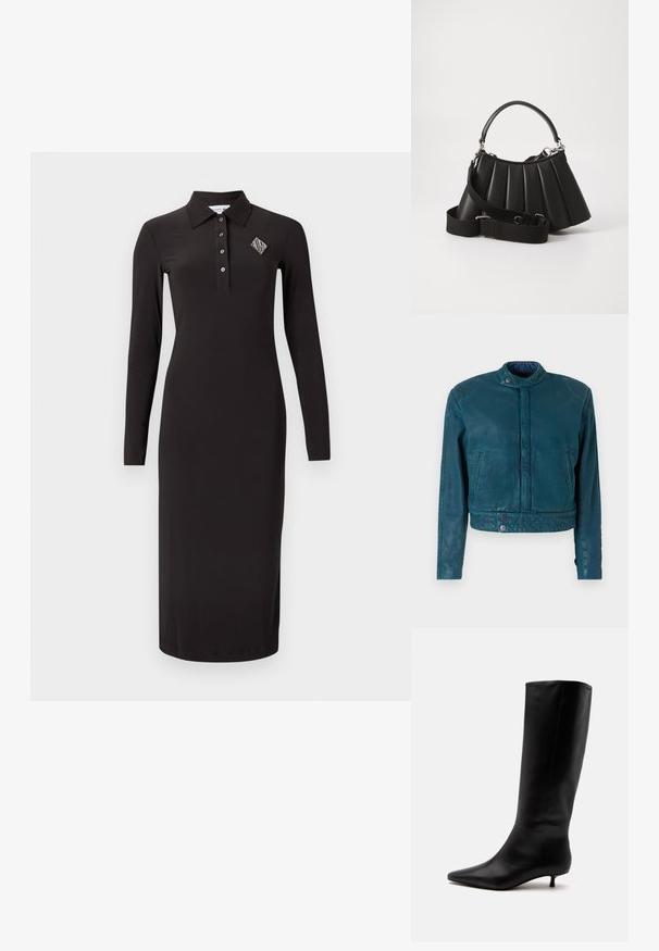 Teal læder cropped jakke med standkrave, front snap lukning og to sidelommer. Har en glat tekstur og minimalistisk design.; Sort, langærmet polokjole med krave, der har en knaplukning og en diamantformet broderet detalje på venstre bryst.; Sort læder knæhøj støvle med spids snude og lav kittenhæl mod en ensfarvet lys baggrund.; Sort plisseret handbag med et rundet håndtag, justerbar rem og blank overflade. Har sølvfarvet hardware og en struktureret silhuet.