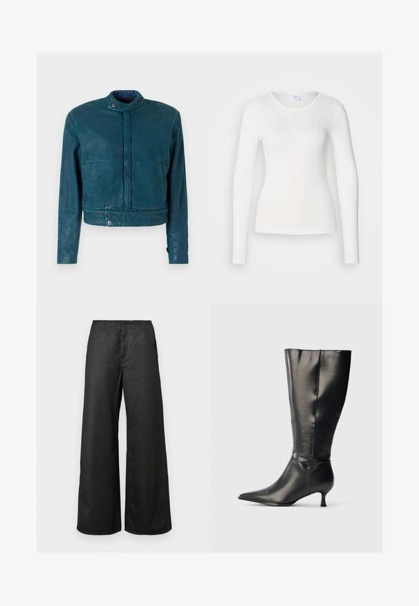 Teal læder cropped jakke med standkrave, front snap lukning og to sidelommer. Har en glat tekstur og minimalistisk design.; Hvid langærmet skjorte lavet af et blødt, glat stof; har en rund halsudskæring og en tætsiddende facon uden mønstre eller pynt.; Sorte bredbenede bukser med forlommer og høj talje, lavet af et glat stof, præsenteret mod en ensfarvet lys baggrund.; Sort knæhøj læderstøvle med spids tå og lav kittenhæl, vist på en enkel lys baggrund.