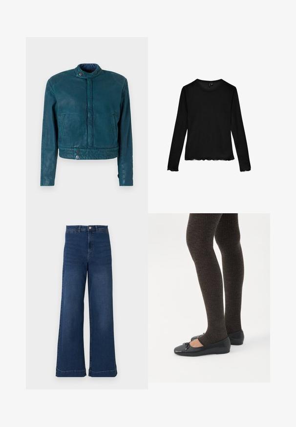 Teal læder cropped jakke med standkrave, front snap lukning og to sidelommer. Har en glat tekstur og minimalistisk design.; Sort langærmet T-shirt med rund hals og bølgede kanter på ærmer og kant, lagt fladt på en hvid baggrund.; Bredde ben blå denim jeans med høj talje, med en frontknaplukning, fem lommer og diskrete syninger.; Ben iført mørke ribbede leggings kombineret med sorte balletsko med små sløjfedetaljer på hvid baggrund.