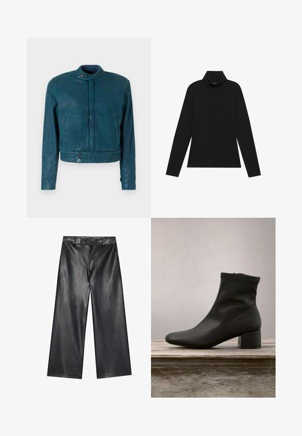 Teal læder cropped jakke med standkrave, front snap lukning og to sidelommer. Har en glat tekstur og minimalistisk design.; Sort turtleneck med lange ærmer. Blødt stof, tætsiddende design, høj krave og sidesøm. Simpel og alsidig stil, der er velegnet til lag-på-lag.; Sorte læder bukser med brede ben og en glat tekstur, bæltestropper og en frontlynlås. Har en løs pasform og rene syninger.; Sort ankelstøvle med en glat, skinnende læderfinish, en skrå blokhælkappe og en tætsiddende, elastisk overdel for en slank silhuet.
