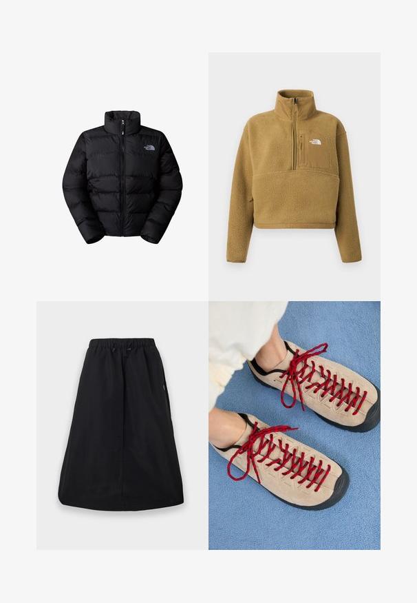 Chaqueta tipo puffer negra aislante con cuello alto, cierre de cremallera y paneles cosidos. Presenta un logo en el lado izquierdo del pecho. Textura suave.; Sudadera de forro polar color marrón claro con cuello con media cremallera, bolsillo delantero y dobladillo elástico; presenta una superficie suave y texturizada y un detalle de logo blanco.; Falda negra de línea A con cintura elástica y cordón ajustable, largo hasta la rodilla, diseño sencillo con bolsillos laterales.; Zapatos beiges con cordones rojos, colocados sobre una superficie texturizada azul, que revelan parcialmente el tobillo de una persona. Los zapatos tienen un diseño deportivo.