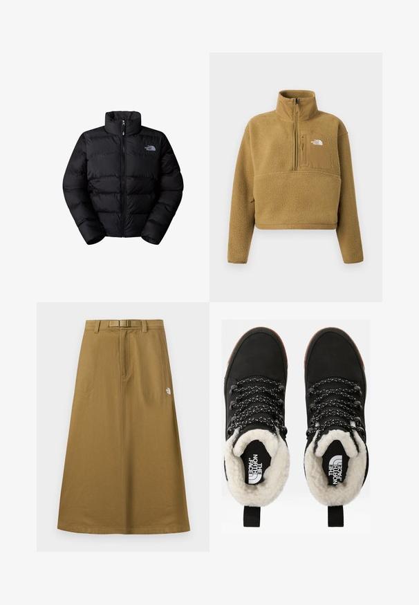 Sort isoleret puffjakke med høj krave, lynlås lukning og quiltede paneler. Har logo på venstre bryst. Glat tekstur.; Tan fleece pullover med halv lynlås i kraven, frontlomme og elastisk kant; har en blød, struktureret overflade og en hvid logoaccent.; Lang, lysebrun udendørsskjørt med forlommer, integreret bælte og The North Face-logo på højre side.; Sorte vandtætte ankelstøvler med for af faux pels, tekstureret stof, snørebånd med hvidt og sort mønster samt en løkker ved hælen.