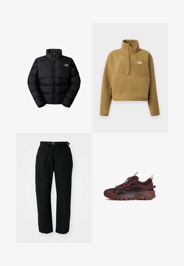 Doudoune noire isolée avec un col haut, fermeture éclair et panneaux cousus. Logo sur la poitrine gauche. Texture lisse.; Pull-over en polaire beige avec col à demi-fermeture éclair, poche avant et ourlet élastique ; présente une surface douce et texturée avec un accent de logo blanc.; Pantalons légers noirs avec une taille élastique et une ceinture ajustable. Dotés de jambes fuselées et de panneaux de genoux renforcés pour plus de durabilité.; Chaussure de trail running marron foncé et noire avec une semelle Vibram épaisse, languettes pour tirer et lacets élastiques, vue de profil sur un fond blanc.