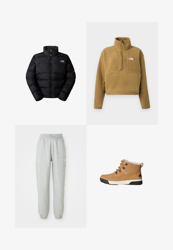 Sort isoleret puffjakke med høj krave, lynlås lukning og quiltede paneler. Har logo på venstre bryst. Glat tekstur.; Tan fleece pullover med halv lynlås i kraven, frontlomme og elastisk kant; har en blød, struktureret overflade og en hvid logoaccent.; Grå sweatpants med elastisk talje og snøre. Stoffet er blødt, og de har elastiske manchetter ved anklerne samt et logoaccent.; Brune ankelstøvler med en tekstureret læderoverdel, fleecefor, runde snørebånd og en gummisål med et sort og hvidt design.