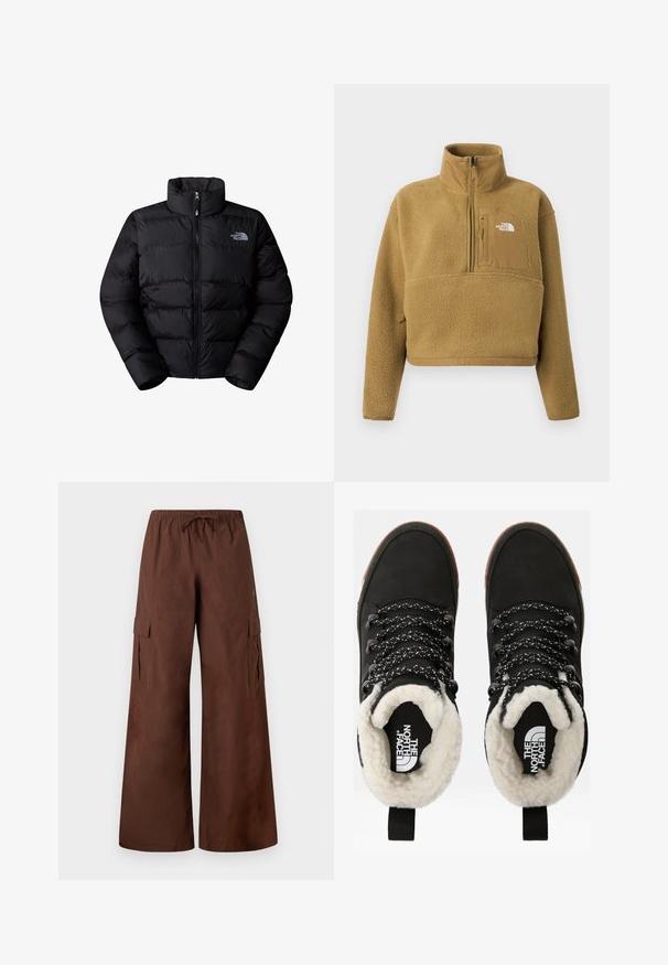 Sort isoleret puffjakke med høj krave, lynlås lukning og quiltede paneler. Har logo på venstre bryst. Glat tekstur.; Tan fleece pullover med halv lynlås i kraven, frontlomme og elastisk kant; har en blød, struktureret overflade og en hvid logoaccent.; Brune cargo bukser med vidde ben, elastisk talje, snøre, sidelommer med klap og trykknapdetaljer ved sømmene.; Sorte vandtætte ankelstøvler med for af faux pels, tekstureret stof, snørebånd med hvidt og sort mønster samt en løkker ved hælen.