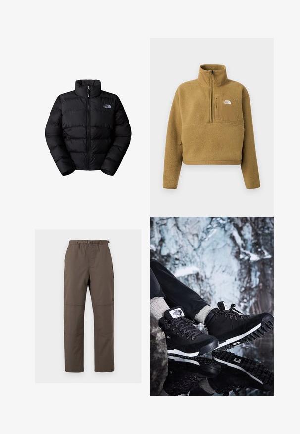 Sort isoleret puffjakke med høj krave, lynlås lukning og quiltede paneler. Har logo på venstre bryst. Glat tekstur.; Tan fleece pullover med halv lynlås i kraven, frontlomme og elastisk kant; har en blød, struktureret overflade og en hvid logoaccent.; Brune udendørs bukser med elastisk talje og justerbart bælte. Har panelsting og et lige ben-design. Holdbart stof.; Sorte vandrestøvler med overdel i nubuck og tekstil, der har en hvid mellemsål, tekstureret gummisål og sort-hvide snørebånd.