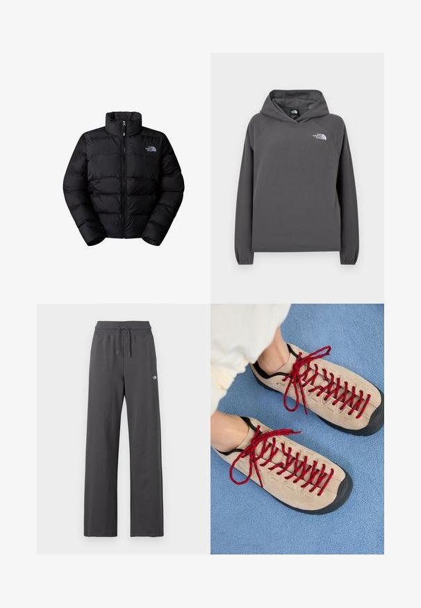 Doudoune noire isolée avec un col haut, fermeture éclair et panneaux cousus. Logo sur la poitrine gauche. Texture lisse.; Sweat à capuche gris en polaire avec une coupe décontractée, des poignets côtelés et un petit logo blanc sur la poitrine gauche. Texture douce et design simple.; Pantalon de survêtement gris foncé à jambes larges avec taille élastique côtelée et cordon, arborant un petit logo blanc sur la cuisse droite.; Des chaussures beiges avec des lacets rouges, posées sur une surface bleue texturée, révèlent partiellement la cheville d'une personne. Les chaussures ont un design sportif.