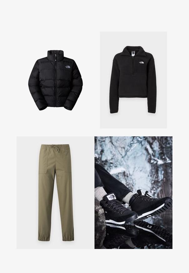 Sort isoleret puffjakke med høj krave, lynlås lukning og quiltede paneler. Har logo på venstre bryst. Glat tekstur.; Sort fleece pullover med en kvart lynlås, høj krave og en brystlomme med et hvidt logo. Blød tekstur og cropped design.; Olivengrønne bukser lavet af et glat stof med elastisk taljebånd, justerbar snor og elastiske manchetter ved anklerne.; Sorte vandrestøvler med overdel i nubuck og tekstil, der har en hvid mellemsål, tekstureret gummisål og sort-hvide snørebånd.