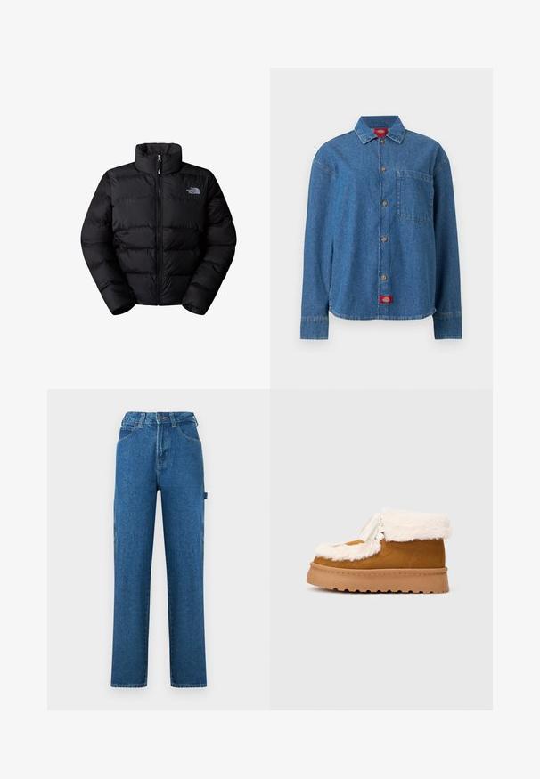 Sort isoleret puffjakke med høj krave, lynlås lukning og quiltede paneler. Har logo på venstre bryst. Glat tekstur.; Blå langærmet denimskjorte med knapper foran, en brystlomme på venstre side og et rødt logomærke i bunden af skørtet.; Blå denimjeans med lige ben, høj talje, synlige syninger og design med fem lommer. Teksturen er glat og en smule slidt.; Brune ruskinds ankelstøvle med hvid falsk pelskant, flad gummisål og dekorative snørebånd. Har en rund tå og tekstureret overflade.