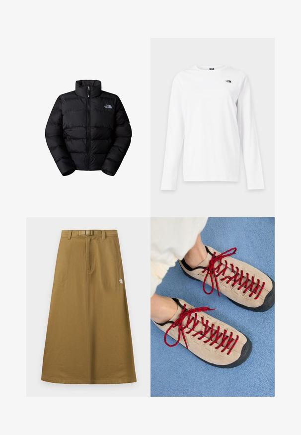 Schwarze isolierte Steppjacke mit hohem Kragen, Reißverschluss und gesteppten Paneelen. Mit Logo auf der linken Brust. Glatte Textur.; Weißes Langarmshirt mit Rundhalsausschnitt und kleinem schwarzem The North Face-Logo auf der linken Brust.; Langer, brauner Outdoor-Rock mit Taschen vorne, integriertem Gürtel und The North Face Logo auf der rechten Seite.; Beige Schuhe mit roten Schnürsenkeln, die auf einer blauen strukturierten Fläche positioniert sind und teilweise ein Fußgelenk einer Person zeigen. Die Schuhe haben ein sportliches Design.