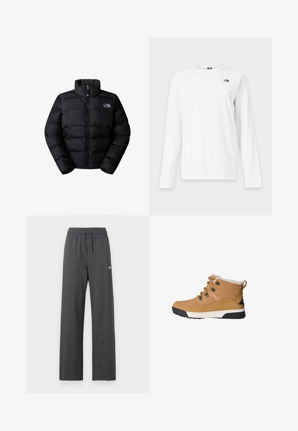 Doudoune noire isolée avec un col haut, fermeture éclair et panneaux cousus. Logo sur la poitrine gauche. Texture lisse.; T-shirt blanc à manches longues avec col rond et petit logo noir The North Face sur le côté gauche de la poitrine.; Pantalon de survêtement gris foncé à jambes larges avec taille élastique côtelée et cordon, arborant un petit logo blanc sur la cuisse droite.; Bottines en cuir texturé de couleur beige avec une doublure en polaire, des lacets ronds et une semelle en caoutchouc dotée d'un motif noir et blanc.