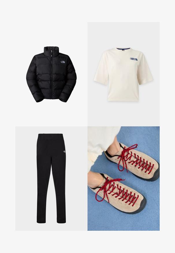 Sort isoleret puffjakke med høj krave, lynlås lukning og quiltede paneler. Har logo på venstre bryst. Glat tekstur.; Hvid T-shirt med korte ærmer med en lille blå The North Face-logo på øverste venstre bryst.; Sorte tætsiddende atletikleggings med høj talje og lille hvid North Face-logo på det øverste venstre lår.; Beige sko med røde snørebånd, placeret på en blå tekstureret overflade, delvist synliggørende en persons ankel. Skoene har et sporty design.
