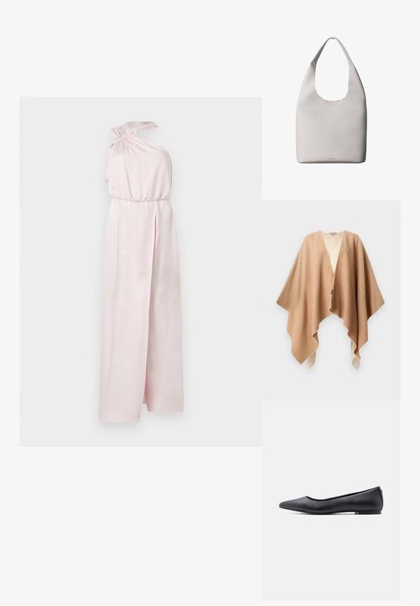 Poncho en mélange de laine beige avec une texture douce, présentant un col en V, un ourlet asymétrique et un motif rayé subtil le long des épaules.; Combinaison sans manches rose clair avec taille haute, détail noué sur une épaule et pantalon à jambes larges.; Chaussure plate en cuir noire à bout pointu avec petit talon, vue de profil sur fond blanc.; Sac fourre-tout en cuir blanc avec une bandoulière unique, texture douce et logo discret Calvin Klein près du centre en bas.