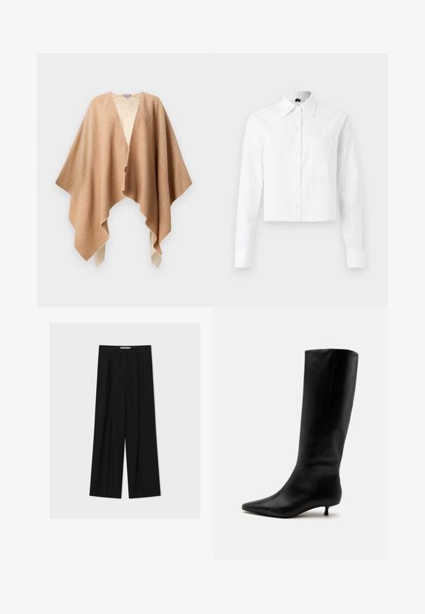 Poncho en mélange de laine beige avec une texture douce, présentant un col en V, un ourlet asymétrique et un motif rayé subtil le long des épaules.; Chemise courte blanche à boutons avec des rayures verticales bleu clair, manches longues, poche poitrine unique et col classique. Tissu en mélange de coton.; Pantalon noir taille haute à jambes larges avec passants de ceinture et plis devant, présenté sur un fond gris clair.; Botte noire en cuir jusqu'au genou avec bout pointu et petit talon kitten sur un fond clair uni.