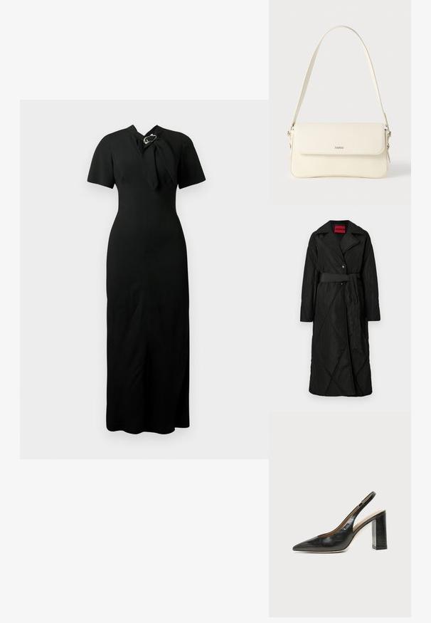 Manteau long noir matelassé avec large col, deux boutons et ceinture assortie nouée à la taille, étiqueté HUGO à l'intérieur du col.; Robe midi noire à manches courtes avec un décolleté asymétrique ornée d'un grand nœud en tissu et d'une boucle décorative.; Chaussure slingback en cuir noir à bout pointu avec un talon bloc haut et une doublure intérieure beige sur un fond clair uni.; Sac à bandoulière en cuir couleur crème avec fermeture à rabat, quincaillerie argentée, une bandoulière réglable et un logo discret.