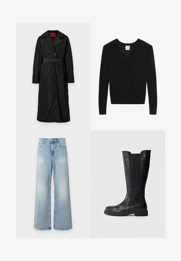 Lange zwarte gewatteerde jas met brede kraag, twee knopen en bijpassende riem die op de taille is gestrikt, met een HUGO-label in de kraag.; Zwarte lange mouw V-hals trui met geribde manchetten en zoom, met het label Calvin Klein in de nek.; Lichtblauwe jeans met wijde pijpen, voorzakken, riemlussen, een knoopsluiting en subtiele vervaging op de dijen.; Kniehoge zwarte leren laars met elastische zijpanelen, ronde neus, dikke zool en een klein logo accent aan de buitenkant.