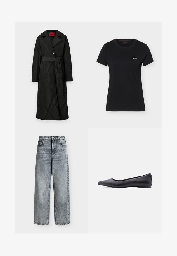 Manteau long noir matelassé avec large col, deux boutons et ceinture assortie nouée à la taille, étiqueté HUGO à l'intérieur du col.; T-shirt noir à manches courtes pour femmes avec encolure ronde et petit logo blanc "BOSS" sur le côté gauche de la poitrine.; Jean taille haute à jambes droites en denim gris délavé avec poches avant, passants de ceinture et fermeture par bouton.; Chaussure plate en cuir noire à bout pointu avec petit talon, vue de profil sur fond blanc.