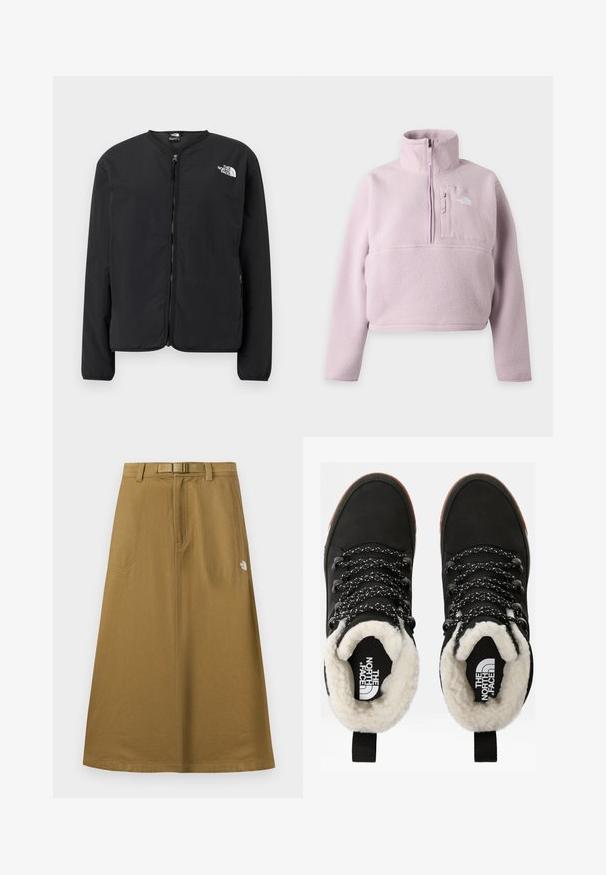 Zwarte zip-front jas met een ronde halslijn, met het witte The North Face-logo op de linkerkant van de borst. Lichtgewicht stof, lange mouwen, geen patronen.; Lichtpaarse fleece trui met lange mouwen, opstaande kraag, kwart rits en borstzak met The North Face-logo.; Lange, beige buitenrok met voorzakken, geïntegreerde riem en het The North Face-logo aan de rechterkant.; Zwarte waterdichte enkellaarsjes met een faux fur voering, textuurovereenkomst, wit en zwart gestreepte veters, en een trekhaak bij de hiel.