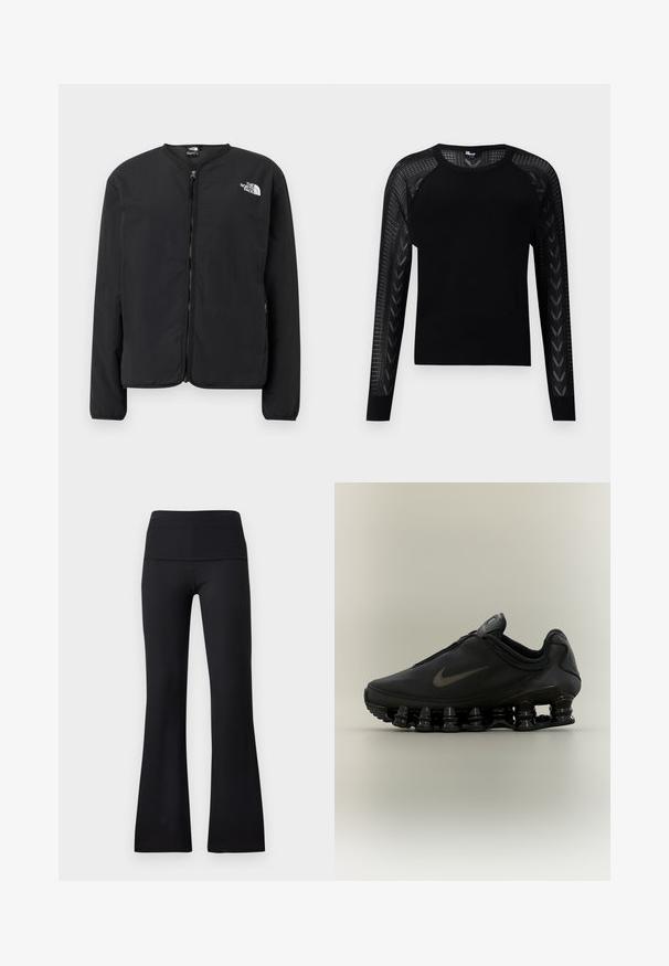 Čierna bunda s predným zipsom a okrúhlym výstrihom, s logom The North Face v bielej farbe na ľavej hrudi. Ľahký materiál, dlhé rukávy, bez vzorov.; Čierny sveter s ryhovanou textúrou, dlhými rukávmi so sieťovinovými detailmi a okrúhlym výstrihom pre moderný vzhľad.; Čierne rebrované zvonové legíny so širokým pásom, ktoré majú hladkú textúru bez viditeľných kovových prvkov alebo vzorov.; Čierna teniska Nike so zipsom na hornej časti a výraznou pružinovou podrážkou v oddelených segmentoch, zobrazená z profilu na neutrálnom pozadí.
