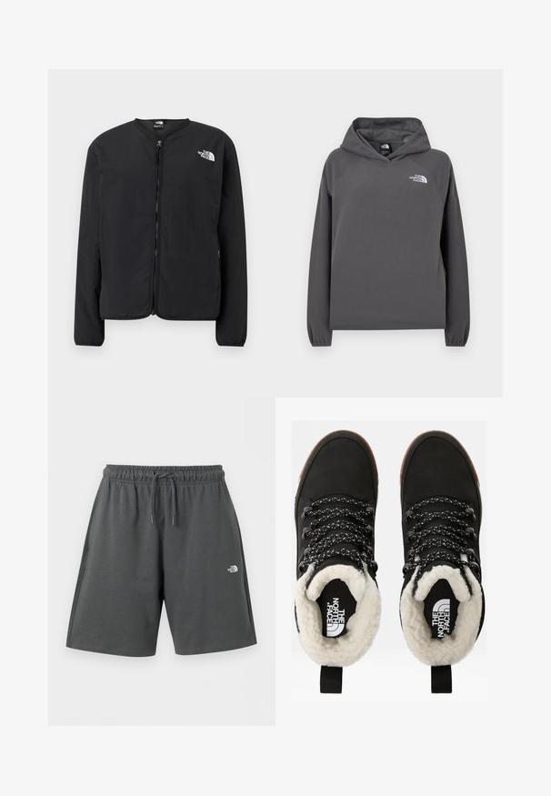 Sort lynlåsjakke med rund hals, der har The North Face-logoet i hvidt på venstre bryst. Letvægtsstof, lange ærmer, ingen mønstre.; Grå hættetrøje i fleece med en afslappet pasform, ribbede ærmegab og en lille hvid logo på venstre bryst. Blød tekstur og enkelt design.; Mørkegrå atletikshorts med elastisk talje og snøre, med lille hvid "The North Face"-logo på højre lår.; Sorte vandtætte ankelstøvler med for af faux pels, tekstureret stof, snørebånd med hvidt og sort mønster samt en løkker ved hælen.