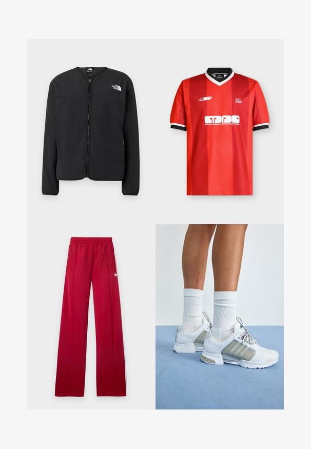 Zwarte zip-front jas met een ronde halslijn, met het witte The North Face-logo op de linkerkant van de borst. Lichtgewicht stof, lange mouwen, geen patronen.; Rood en donkerrode sporttrui met korte mouwen met zwarte en witte V-hals en mouwboorden, witte logo's en de tekst "EST. 1986" op de borst.; Rode trainingsbroek met wijd uitlopende pijpen, elastische tailleband, zijzakken met rits, witte strepen aan de zijkanten en een klein wit logo op de linker dij.; Witte sportieve schoenen met een bovenwerk van mesh, getextureerde details en grijze accenten. De veters zijn zilver en worden gecombineerd met witte geribde sokken.
