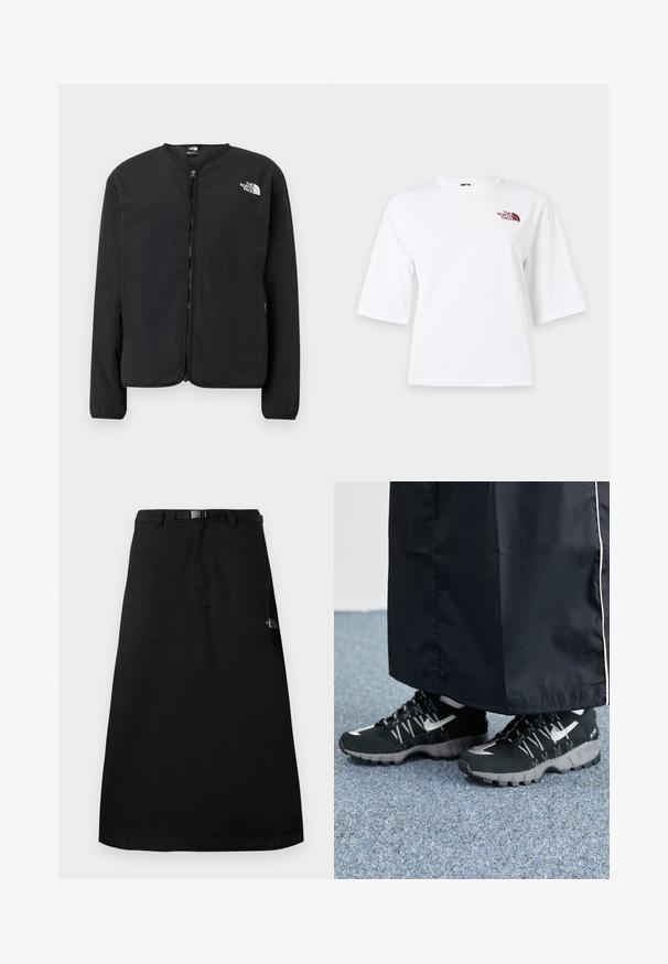 Zwarte zip-front jas met een ronde halslijn, met het witte The North Face-logo op de linkerkant van de borst. Lichtgewicht stof, lange mouwen, geen patronen.; Witte T-shirt met korte mouwen, ronde hals en klein kastanjebruin "The North Face" logo op de linker bovenborst.; Zwarte midilange rok met verstelbare taillebandriem en het The North Face-logo aan de rechterkant.; Zwarte atletische schoenen met een gestructureerde bovenkant, zilveren accenten en een gestippelde loopzool, gecombineerd met een zwart lang kledingstuk. Geplaatst op een blauwe vloerbedekking.