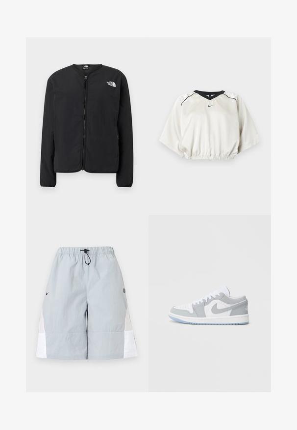 Sort lynlåsjakke med rund hals, der har The North Face-logoet i hvidt på venstre bryst. Letvægtsstof, lange ærmer, ingen mønstre.; Hvid kort sportstop med sort V-hals kant, elastisk talje, korte brede ærmer og lille sort Nike-logo foran i midten.; Lysegrå atletikshorts med hvide sidepaneler, elastisk linning og sort snor, vist på en ensfarvet baggrund.; Nike-sneakers med en blanding af gråt og hvidt læder, perforeret tå, snørebånd og en lys blå ydersål med logodetaljer.