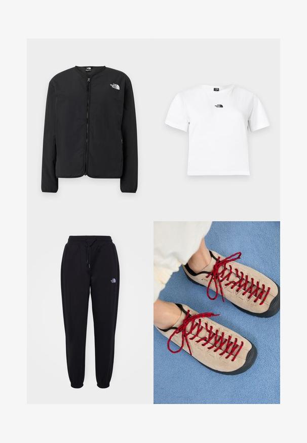 Sort lynlåsjakke med rund hals, der har The North Face-logoet i hvidt på venstre bryst. Letvægtsstof, lange ærmer, ingen mønstre.; Hvid bomulds t-shirt med korte ærmer, rund hals og et sort The North Face-logo på brystet. Enkel, udekoreret design.; Sorte joggingbukser med elastisk talje og manchetter, snoretræk, sidelommer og lille hvid The North Face-logo på højre lår.; Beige sko med røde snørebånd, placeret på en blå tekstureret overflade, delvist synliggørende en persons ankel. Skoene har et sporty design.