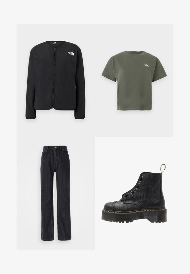 Sort lynlåsjakke med rund hals, der har The North Face-logoet i hvidt på venstre bryst. Letvægtsstof, lange ærmer, ingen mønstre.; Olivengrøn bomuld t-shirt med korte ærmer, rund hals og en lille hvid logo på venstre bryst. Glat tekstur og afslappet pasform.; Højtaljede sorte denimjeans med lodrette striber, lige ben og metalknaplukning fortil.; Sorte læder ankelstøvler med tekstureret overflade, rund tå, snørebåndsdesign, gule stikninger og en tyk, rillet sort platformsål.