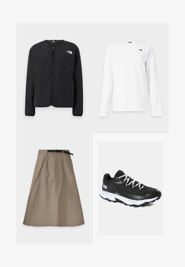 Sort lynlåsjakke med rund hals, der har The North Face-logoet i hvidt på venstre bryst. Letvægtsstof, lange ærmer, ingen mønstre.; Hvid langærmet T-shirt med rund hals og lille sort The North Face-logo på venstre bryst.; Lysebrun A-formet nederdel med et sort justerbart bælte, lavet af glat stof, vist fladt på en hvid baggrund.; Sort atletiksko med mesh-overdel og tekstureret design. Har hvidsprækket mellemsål, tykk sort ydersål og reflekterende snørebånd.