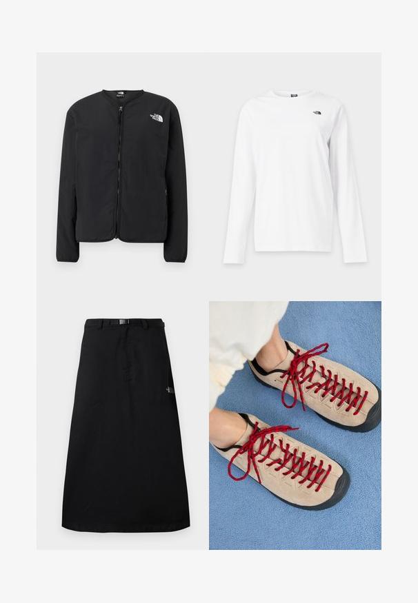 Musta vetoketjullinen takki pyöreällä kaula-aukolla, jossa on valkoinen The North Face -logo vasemmalla rinnalla. Kevyt kangas, pitkät hihat, ilman kuvioita.; Valkoinen pitkähihainen pyöreäkauluksinen paita, jossa vasemmassa rinnassa pieni musta The North Face -logo.; Musta midihame, jossa säädettävä vyötärönauha ja The North Face -logo oikealla puolella.; Beige kengät punaisilla nauhoilla, aseteltuna siniselle tekstiilipinnan, osittain paljastaen henkilön nilkkaa. Kenkien muotoilu on urheilullinen.