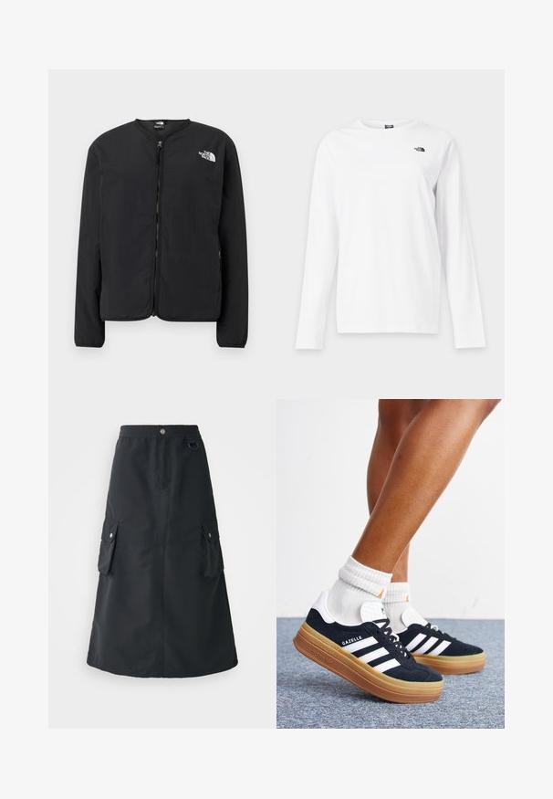 Čierna bunda s predným zipsom a okrúhlym výstrihom, s logom The North Face v bielej farbe na ľavej hrudi. Ľahký materiál, dlhé rukávy, bez vzorov.; Biele tričko s dlhým rukávom a okrúhlym výstrihom s malým čiernym logom The North Face na ľavej strane hrudníka.; Čierna sukňa po stred členkov vyrobená z ľahkej látky, s elastickým pásom, dvoma cargo vreckami a jemným leskom.; Nohy v bielych ponožkách a čiernych teniskách Adidas Gazelle s bielymi pruhmi a hrubými hnedými podrážkami na sivom koberci.
