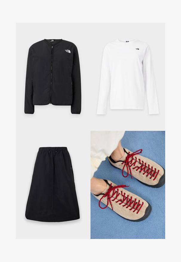 Sort lynlåsjakke med rund hals, der har The North Face-logoet i hvidt på venstre bryst. Letvægtsstof, lange ærmer, ingen mønstre.; Hvid langærmet T-shirt med rund hals og lille sort The North Face-logo på venstre bryst.; Sort A-formet nederdel med elastisk taljebånd og justerbar snøre, knælængde, ensfarvet design med sidelommer.; Beige sko med røde snørebånd, placeret på en blå tekstureret overflade, delvist synliggørende en persons ankel. Skoene har et sporty design.