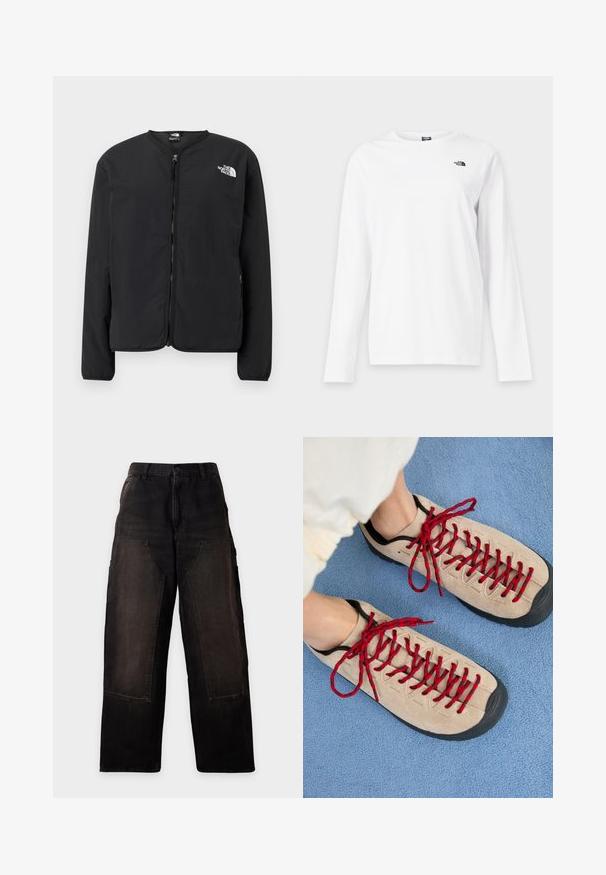 Sort lynlåsjakke med rund hals, der har The North Face-logoet i hvidt på venstre bryst. Letvægtsstof, lange ærmer, ingen mønstre.; Hvid langærmet T-shirt med rund hals og lille sort The North Face-logo på venstre bryst.; Sorte bukser med vide ben, store forlommer og bæltestropper, vist mod en ensartet lys baggrund.; Beige sko med røde snørebånd, placeret på en blå tekstureret overflade, delvist synliggørende en persons ankel. Skoene har et sporty design.