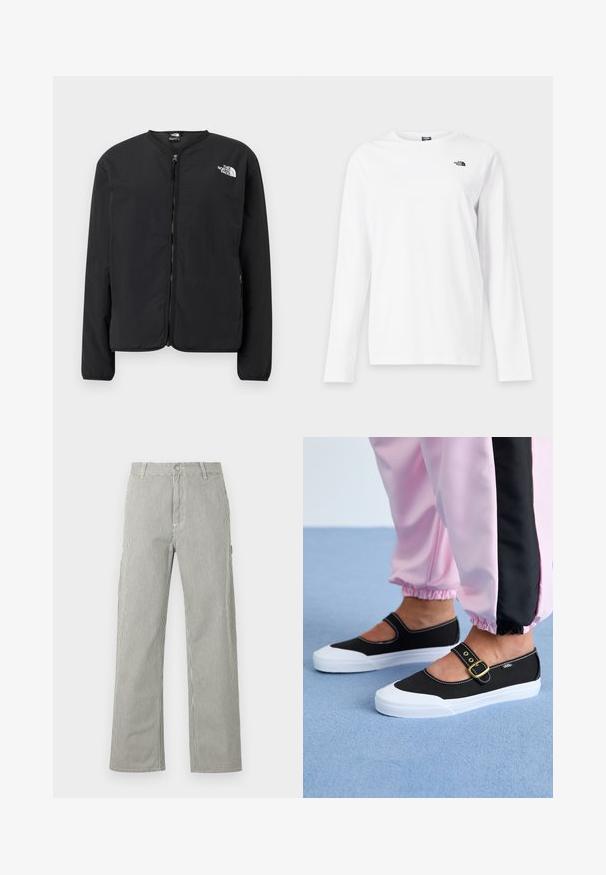 Sort lynlåsjakke med rund hals, der har The North Face-logoet i hvidt på venstre bryst. Letvægtsstof, lange ærmer, ingen mønstre.; Hvid langærmet T-shirt med rund hals og lille sort The North Face-logo på venstre bryst.; Herrebukser med lige ben, tynde lodrette sorte og hvide striber, knaplukning, bæltestropper og sidelommer.; Sorte lærredssko med en hvid sål, der har et udskæringsdesign og et guldspænde. Bæret med lyserøde træningsbukser.