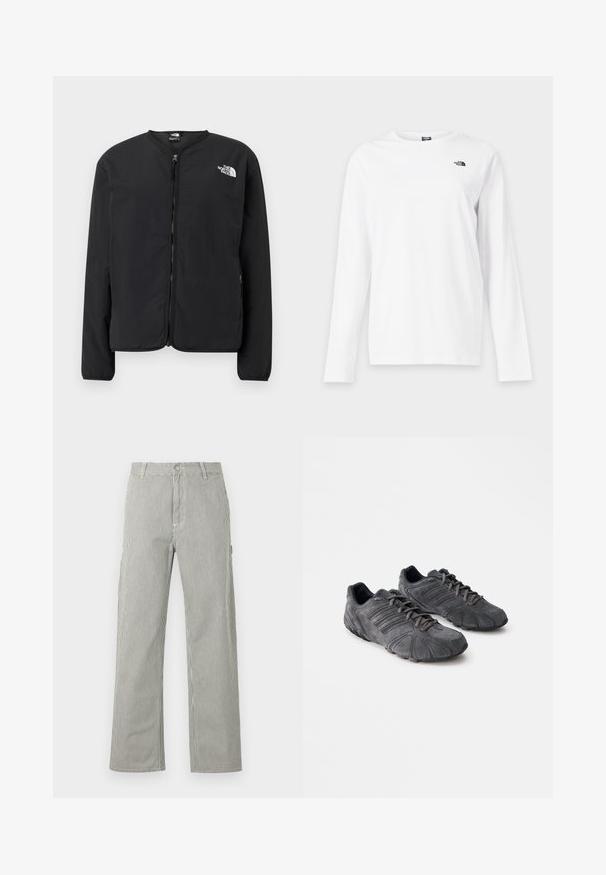 Sort lynlåsjakke med rund hals, der har The North Face-logoet i hvidt på venstre bryst. Letvægtsstof, lange ærmer, ingen mønstre.; Hvid langærmet T-shirt med rund hals og lille sort The North Face-logo på venstre bryst.; Herrebukser med lige ben, tynde lodrette sorte og hvide striber, knaplukning, bæltestropper og sidelommer.; Sorte ruskind atletik sko med en tekstureret overflade, buet design og gummisåler. Har snører og vandrette striber på siderne.
