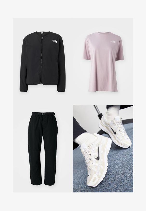 Sort lynlåsjakke med rund hals, der har The North Face-logoet i hvidt på venstre bryst. Letvægtsstof, lange ærmer, ingen mønstre.; Lys lilla kortærmet t-shirt lavet af blødt stof, med et hvidt logo på den øverste venstre bryst og et afslappet fits design.; Sorte letvægtsbukser med elastisk talje og justerbart bælte. Har tapered ben og forstærkede knæpaneler for holdbarhed.; Hvide og beige Nike sneakers med en mesh-overdel, tekstureret overflade, sort swoosh og en polstret sål med en skridsikker ydersål.