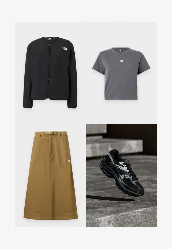 Sort lynlåsjakke med rund hals, der har The North Face-logoet i hvidt på venstre bryst. Letvægtsstof, lange ærmer, ingen mønstre.; Kortærmet cropped grå t-shirt med rund hals og lille hvid The North Face-logo centreret på brystet.; Lang, lysebrun udendørsskjørt med forlommer, integreret bælte og The North Face-logo på højre side.; Sort og sølv Nike løbesko svævende over betontrappe, viser detaljeret design og tekstureret sål i udendørs omgivelser.