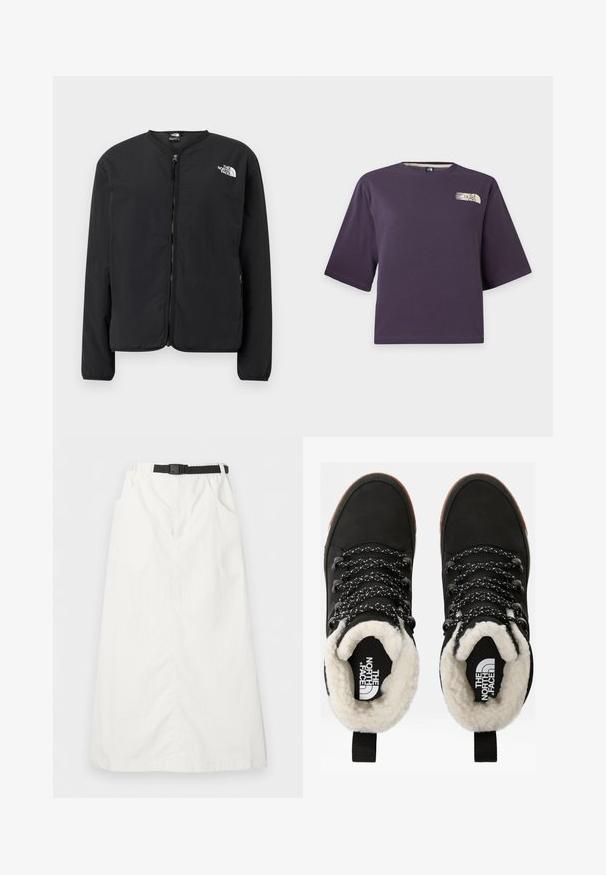 Čierna bunda s predným zipsom a okrúhlym výstrihom, s logom The North Face v bielej farbe na ľavej hrudi. Ľahký materiál, dlhé rukávy, bez vzorov.; Fialové krátke crop tričko s malým béžovým logom The North Face v hornej ľavej časti hrudníka.; Biela dlhá sukňa s elastickým pásom a čiernym nastaviteľným opaskom, s bočnými vreckami a rovný strih.; Čierne nepremokavé členkové topánky s umelou kožušinou vo vnútri, textúrovaný materiál, biele a čierne šnúrky so vzorom a pútko na päte.