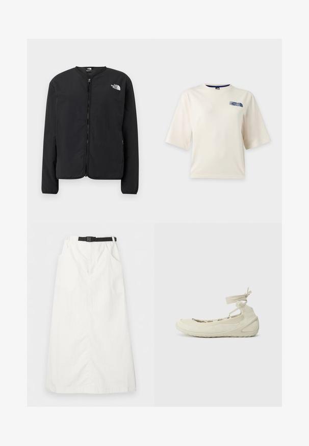 Sort lynlåsjakke med rund hals, der har The North Face-logoet i hvidt på venstre bryst. Letvægtsstof, lange ærmer, ingen mønstre.; Hvid T-shirt med korte ærmer med en lille blå The North Face-logo på øverste venstre bryst.; Hvid lang nederdel med elastisk taljebånd og sort justerbart bælte, med sidelommer og lige snit.; Lys beige ballet flats med rund tå, snørebånd om anklen, struktureret overflade og fleksibel såldesign. Velegnet til hverdag.